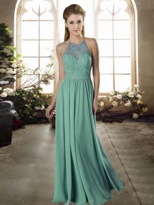 Apple Green Empire Chiffon Halter Top Sleeveless Lace Floor Length Criss Cross Bridesmaid Dress