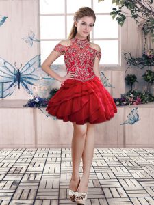 Comfortable Red Halter Top Lace Up Beading and Ruffled Layers Prom Gown Sleeveless