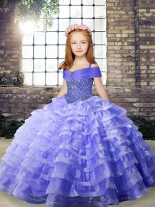 Lavender Winning Pageant Gowns Party and Military Ball and Wedding Party with Beading and Ruffled Layers Straps Sleevele