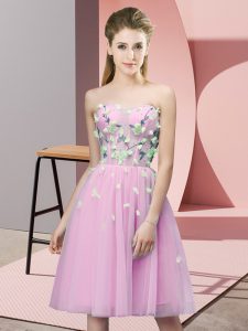 Fashionable Rose Pink Empire Appliques Quinceanera Dama Dress Lace Up Tulle Sleeveless Knee Length