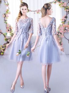 New Arrival Grey Half Sleeves Tulle Lace Up Bridesmaid Gown for Wedding Party