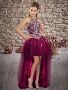 Modest A-line Runway Inspired Dress Burgundy Halter Top Tulle Sleeveless High Low Lace Up