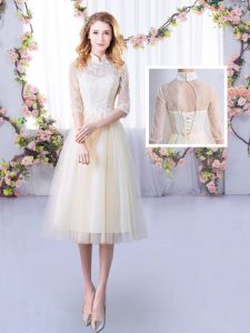 Champagne Lace Up High-neck Lace Wedding Party Dress Tulle Half Sleeves