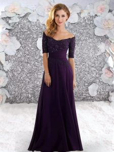 Off The Shoulder Half Sleeves Zipper Prom Dress Purple Chiffon