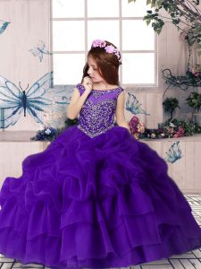 Scoop Sleeveless Little Girls Pageant Dress Floor Length Beading and Pick Ups Purple Organza