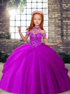 Purple Sleeveless Floor Length Beading Lace Up Glitz Pageant Dress