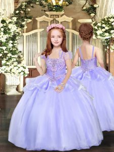 Lavender Lace Up Straps Beading High School Pageant Dress Organza Sleeveless
