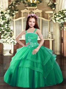 High Class Turquoise Tulle Lace Up Girls Pageant Dresses Sleeveless Floor Length Beading and Ruffled Layers