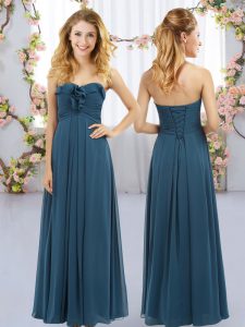 Custom Design Navy Blue Chiffon Lace Up Sweetheart Sleeveless Floor Length Quinceanera Court of Honor Dress Ruffles