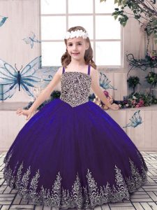 Enchanting Purple Lace Up Straps Beading and Embroidery Little Girl Pageant Dress Tulle Sleeveless