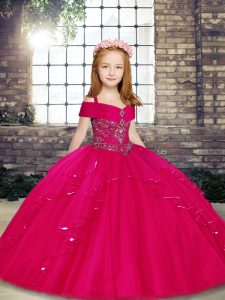 Ball Gowns Little Girls Pageant Gowns Fuchsia Straps Sleeveless Floor Length Lace Up