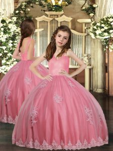 Perfect Watermelon Red Tulle Lace Up Straps Sleeveless Floor Length Little Girls Pageant Dress Wholesale Appliques
