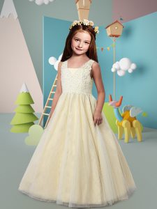 Light Yellow A-line Lace Flower Girl Dresses for Less Zipper Tulle Sleeveless Floor Length