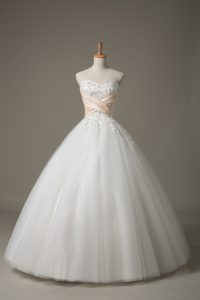 White Sleeveless Floor Length Beading and Lace Lace Up Wedding Dress