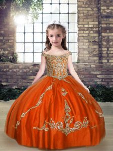 Orange Red Ball Gowns Beading Kids Pageant Dress Lace Up Tulle Sleeveless Floor Length