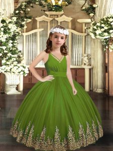 Olive Green Ball Gowns Tulle V-neck Sleeveless Appliques Floor Length Zipper High School Pageant Dress
