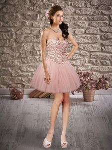 Baby Pink Ball Gowns Tulle Sweetheart Sleeveless Beading Mini Length Lace Up Evening Dress
