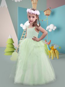Hot Selling Yellow Green Tulle Zipper Square Sleeveless Floor Length Toddler Flower Girl Dress Lace