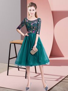 Teal Scoop Lace Up Embroidery Quinceanera Court Dresses Half Sleeves