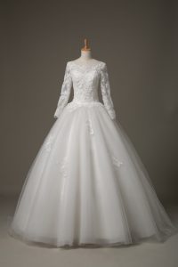 Scoop 3 4 Length Sleeve Bridal Gown Brush Train Beading and Lace White Tulle