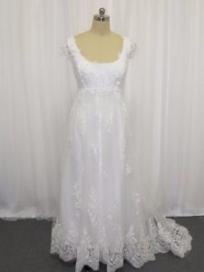 Suitable White Empire Tulle Scoop Cap Sleeves Beading and Lace Lace Up Bridal Gown Sweep Train