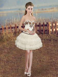 White Organza Lace Up Sweetheart Sleeveless Mini Length Embroidery and Ruffled Layers