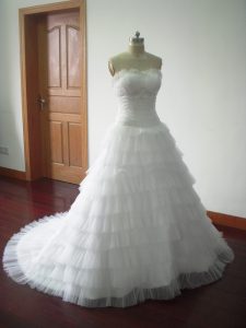 Spectacular Sweetheart Sleeveless Wedding Gowns Brush Train Beading and Ruffled Layers White Tulle