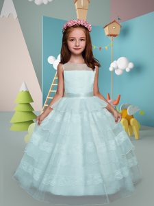 Affordable Sleeveless Zipper Floor Length Lace and Ruffled Layers Flower Girl Dresses