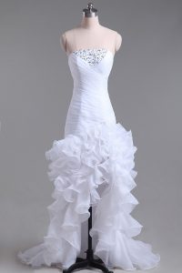 Extravagant White Mermaid Beading and Ruffles Wedding Dress Zipper Organza Sleeveless High Low
