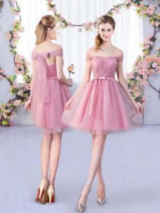 Off The Shoulder Sleeveless Bridesmaids Dress Mini Length Belt Pink Tulle