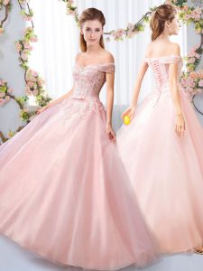 Off The Shoulder Sleeveless Lace Up Wedding Guest Dresses Pink Tulle
