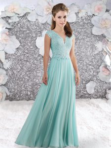 New Style Sleeveless Floor Length Beading and Lace Zipper Runway Inspired Dress with Aqua Blue