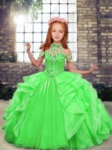 On Sale High-neck Sleeveless Organza Little Girls Pageant Dress Wholesale Beading Lace Up