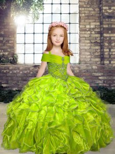 Organza Straps Sleeveless Lace Up Beading Little Girl Pageant Gowns in Olive Green