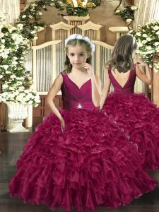 V-neck Sleeveless Organza Little Girls Pageant Gowns Beading and Ruffles Backless