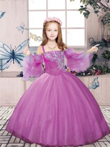 Lilac Ball Gowns Straps Sleeveless Tulle Floor Length Lace Up Beading Pageant Dress Toddler