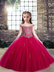 Latest Hot Pink Lace Up Scoop Beading and Appliques Pageant Dress Tulle Sleeveless