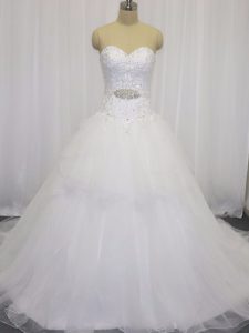 Custom Design Beading and Lace Wedding Dress White Clasp Handle Sleeveless Court Train