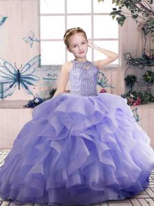 Scoop Sleeveless Pageant Dress for Teens Floor Length Beading and Ruffles Lavender Organza
