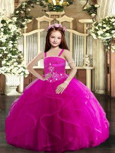 Wonderful Fuchsia Child Pageant Dress Party and Sweet 16 and Wedding Party with Beading and Ruffles Straps Sleeveless La