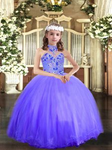 Excellent Blue Sleeveless Floor Length Appliques Lace Up Glitz Pageant Dress