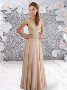 Champagne Short Sleeves Chiffon Zipper Evening Dress for Prom and Party