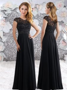 Cap Sleeves Floor Length Beading and Lace Zipper Homecoming Dress with Black