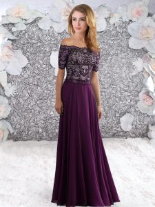 Flirting Dark Purple Empire Off The Shoulder Short Sleeves Chiffon Floor Length Zipper Beading and Lace Prom Evening Gow