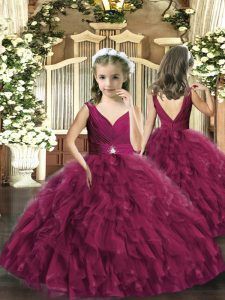 Super Burgundy Tulle Backless Sleeveless Floor Length Little Girl Pageant Dress Beading and Ruffles