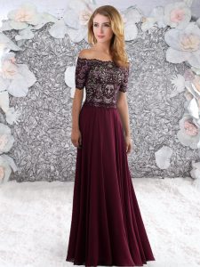 Most Popular Purple Empire Chiffon Off The Shoulder Short Sleeves Beading and Lace Floor Length Zipper Prom Party Dress