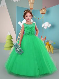 Luxurious Sleeveless Tulle Floor Length Zipper Flower Girl Dresses for Less in Turquoise with Beading and Lace