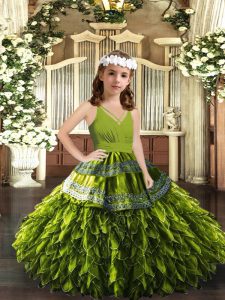 Custom Fit Olive Green Zipper V-neck Appliques and Ruffles Little Girls Pageant Dress Wholesale Organza Sleeveless