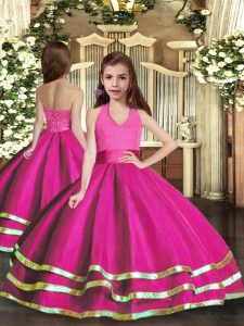 Fuchsia Organza Lace Up Girls Pageant Dresses Sleeveless Floor Length Ruffled Layers