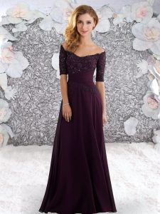 Cheap Dark Purple Empire Beading and Lace Prom Evening Gown Zipper Chiffon Half Sleeves Floor Length